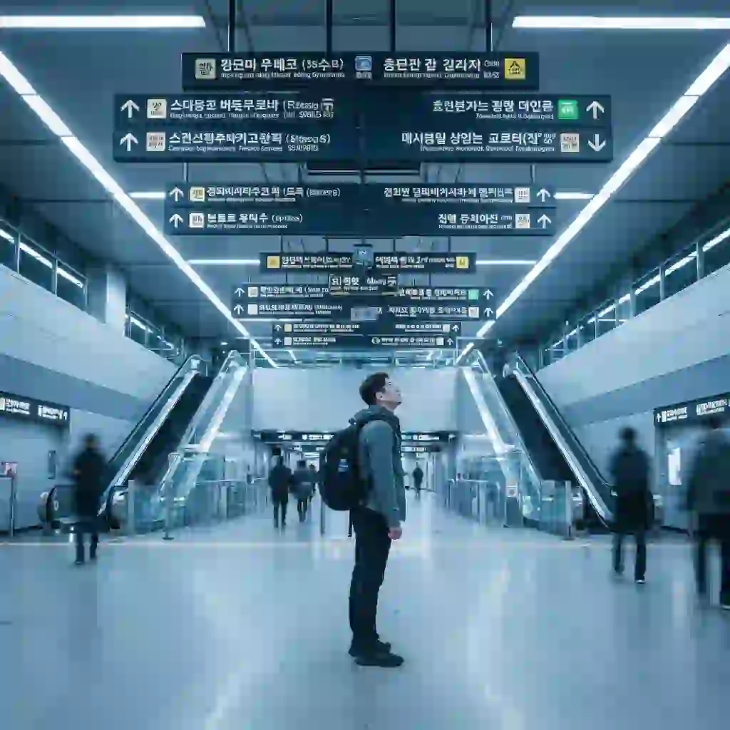 A commuter uses a korean to english image translator to scan a subway sign, instantly converting Korean text into readable English directions, choosing the correct exit and navigating the Seoul metro without confusion.