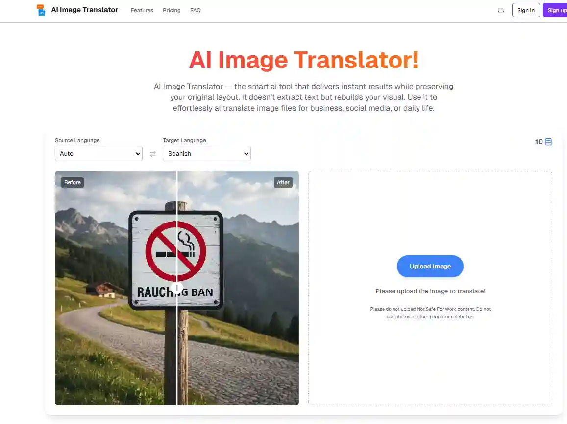 Web interface of an AI image translator demonstrates layout preservation; this kanji translator image keeps fonts, sizes, and positions intact while overlaying English text, perfect for documents, catalogs, and manga pages.