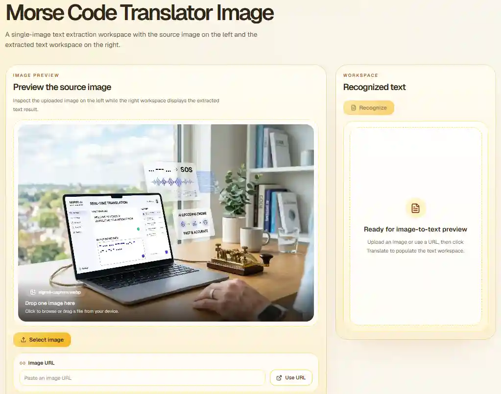 A screenshot of our integrated Morse Code Translator Image tool interface, showcasing the advanced AI recognition feature that decodes Morse code from picture files with high accuracy and speed.