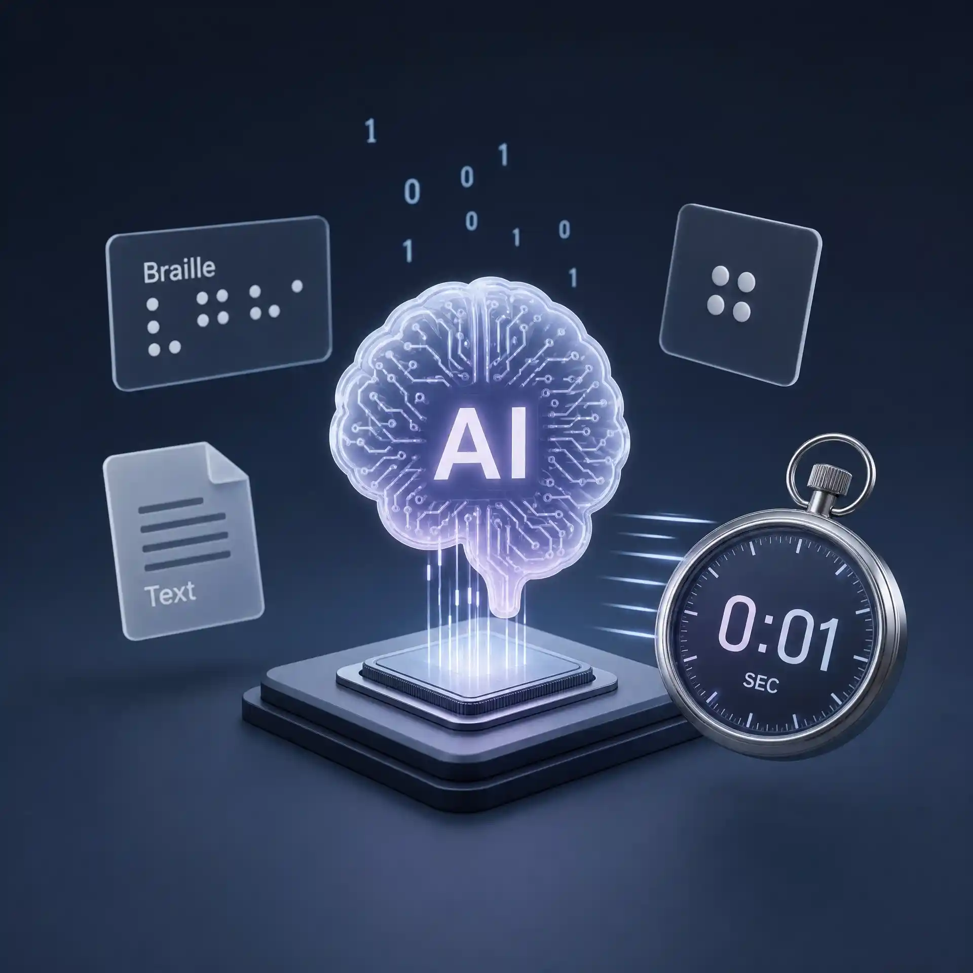 Braille translator from image feature 1: Lightning-Fast Translation Powered by AI; clear braille dots become readable text for accessible translation.