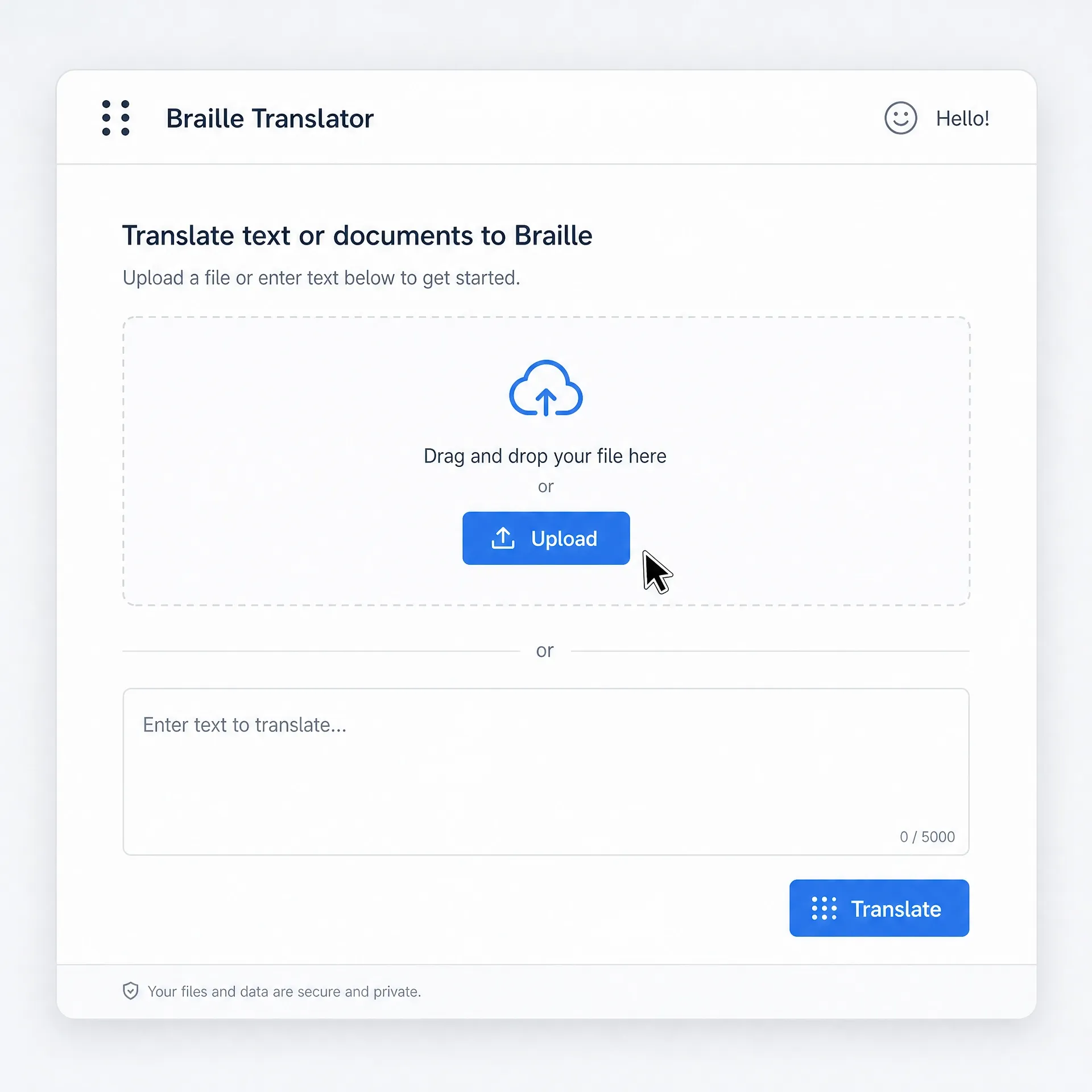 Braille translator from image feature 3: Intuitive and User-Friendly Interface; clear braille dots become readable text for accessible translation.