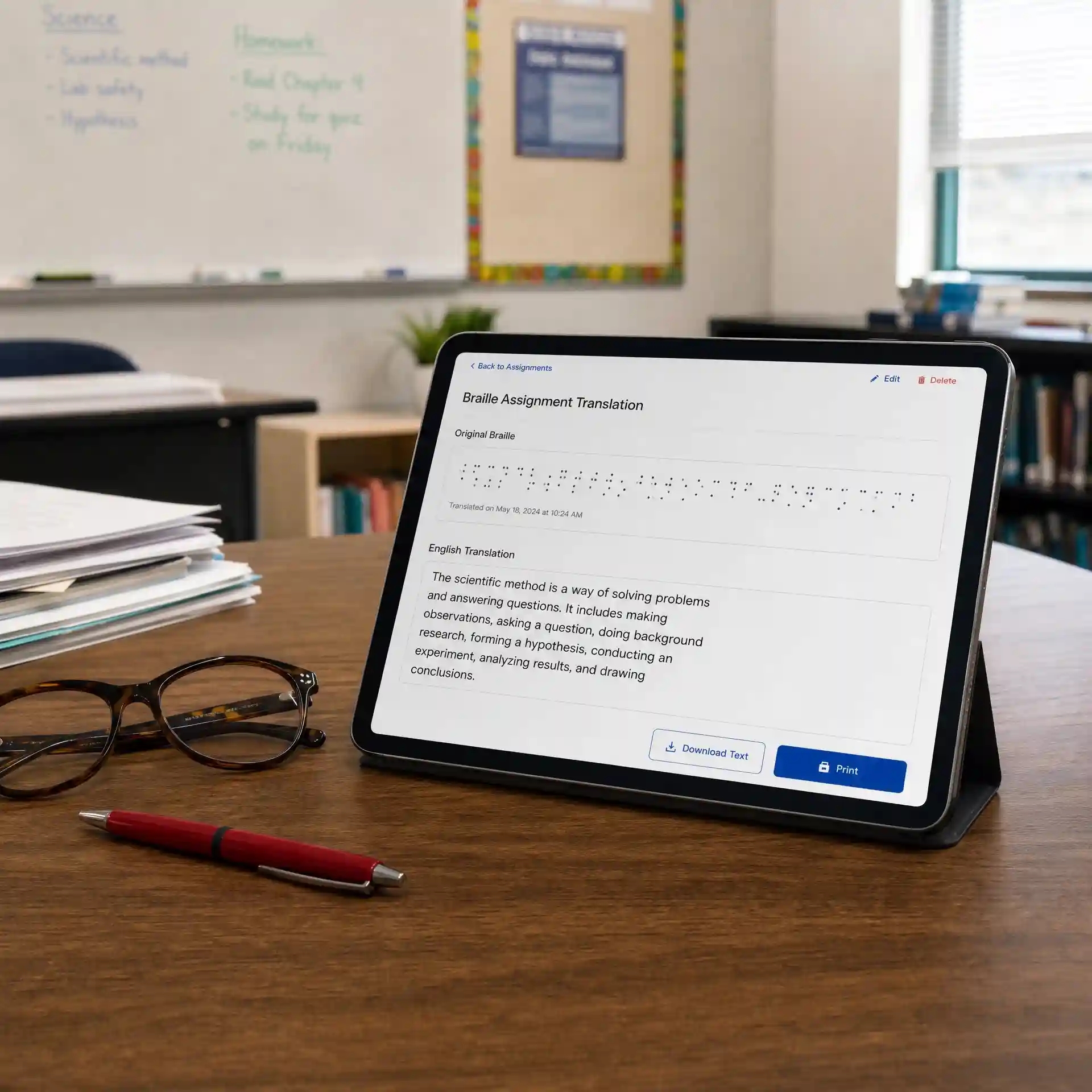 Braille translator from image use case 5: Educational Support for Teachers and Schools; clear braille dots become readable text for accessible translation.