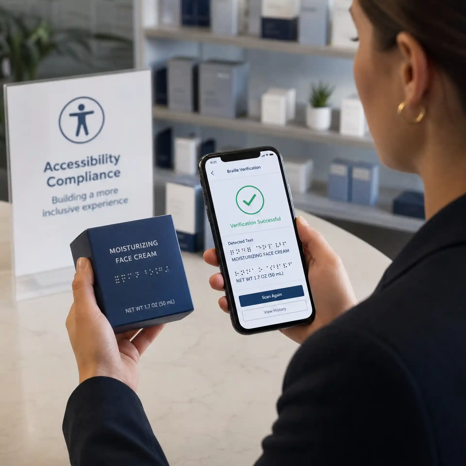 Braille translator from image use case 8: Accessibility Compliance for Businesses; clear braille dots become readable text for accessible translation.