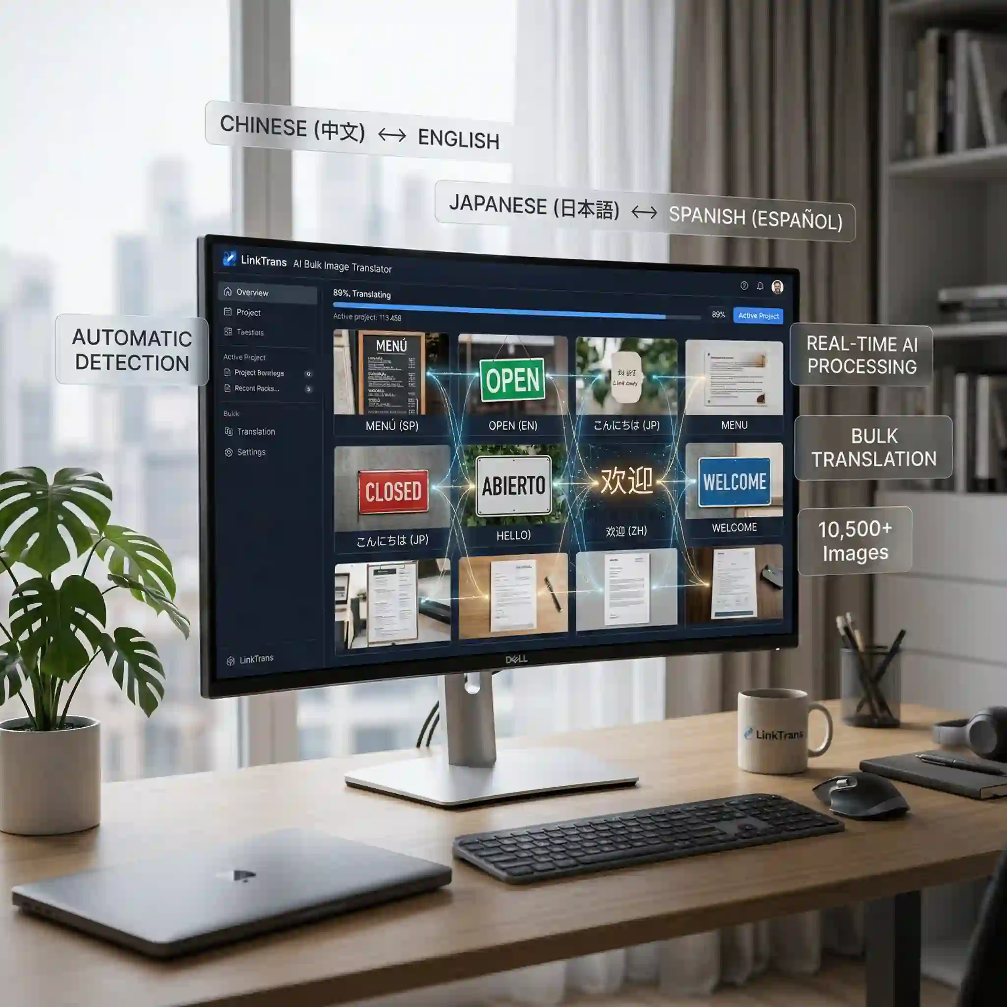 办公桌场景展示配备多语言屏幕,操作人员正通过批量图像翻译系统管理大量上传的视觉素材、审定翻译的预览结果,以高效应对和组织由营销图片、界面截图和商业物料组成的大批量生产级工作流。