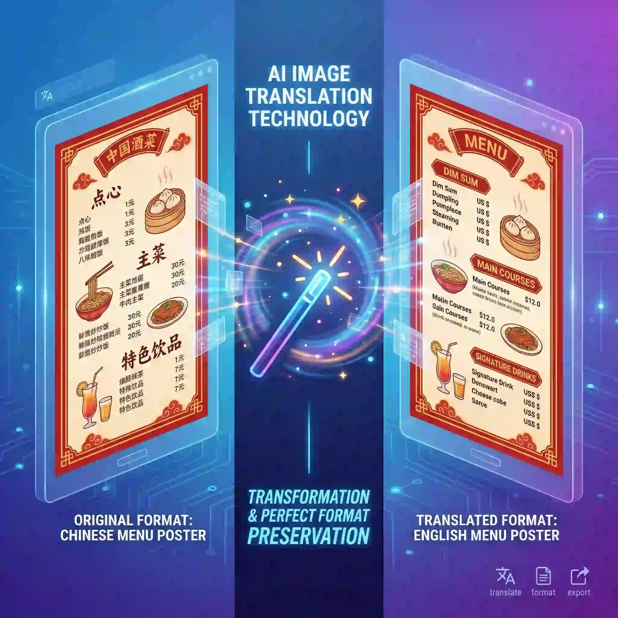 Erleben Sie die Kraft unseres Chinesisch Bildübersetzer. Er übersetzt nicht nur Text, sondern regeneriert auch Hintergründe intelligent. Das übersetzte Bild wirkt völlig natürlich und professionell.