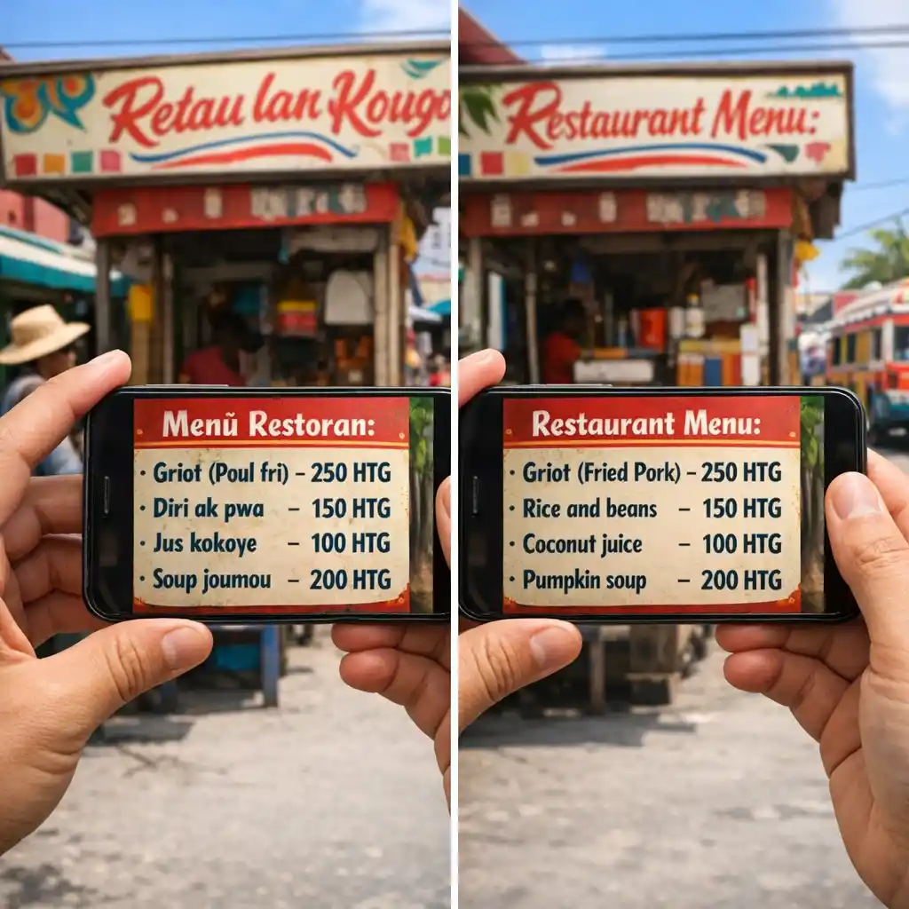 Mit dieser Haitianisch-Kreolisch Übersetzer App in der Tasche erkunden Sie Port-au-Prince mühelos. Fotografieren Sie Menüs oder Schilder für sofortige, präzise Übersetzungen an jedem Ort, besser als jeder Französisch-Kreolisch Übersetzer.