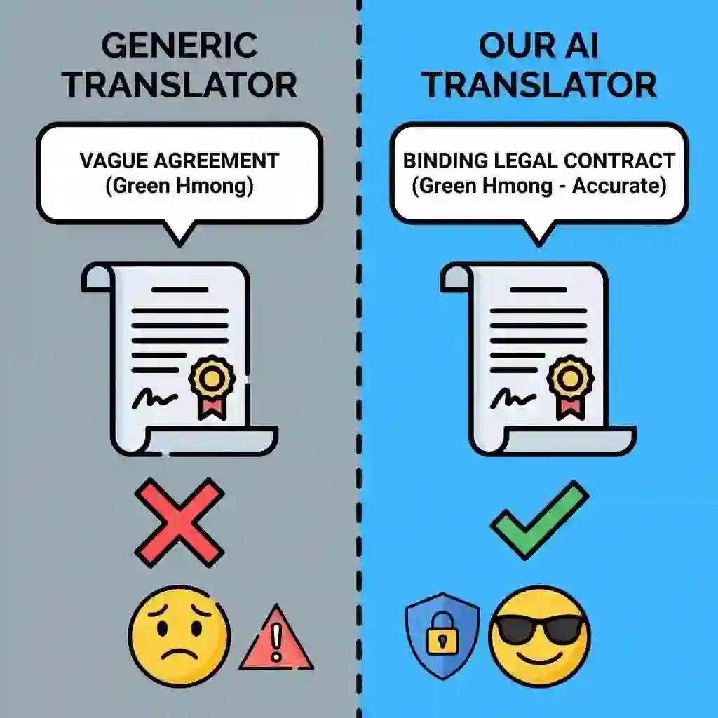 Overcome regional dialect barriers with our Green hmong translation capabilities, using deep learning to identify lexical differences and ensure dialect-appropriate results for legal and personal texts.