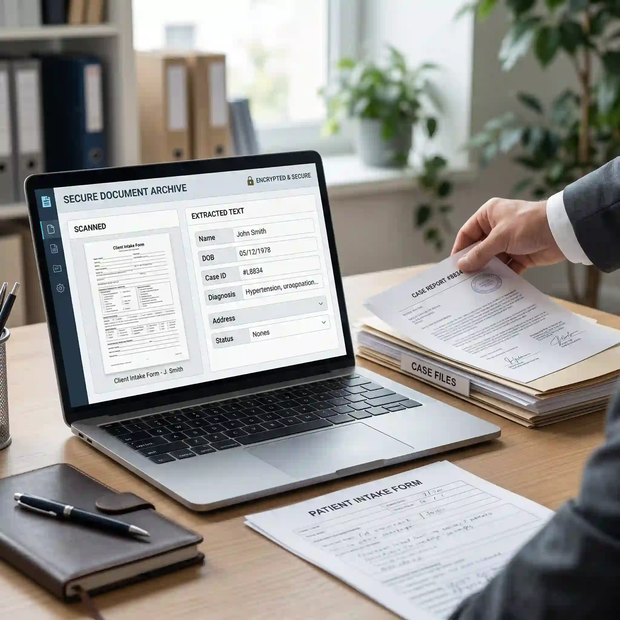 Workflow, bei dem Bild in Text umwandeln sensible Rechts- oder Medizindokumente digitalisiert.