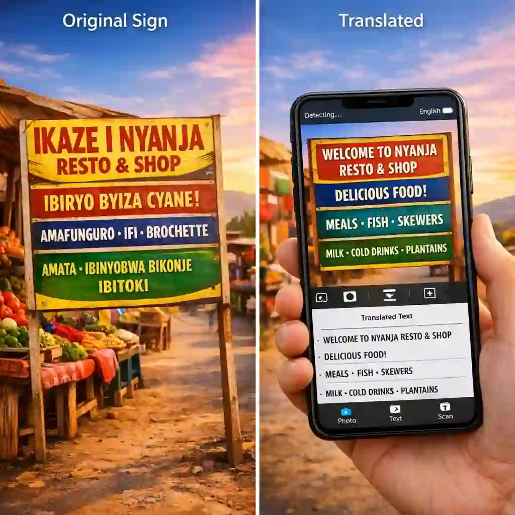 تنقل في رحلاتك الأفريقية بسهولة باستخدام تطبيق مترجمنا المتميز من الإنجليزية إلى الكينيارواندا، المصمم بشكل مثالي للتعامل مع لافتات الشوارع الأجنبية والقوائم والاتجاهات المحلية لتحسين تجربتك السياحية.
