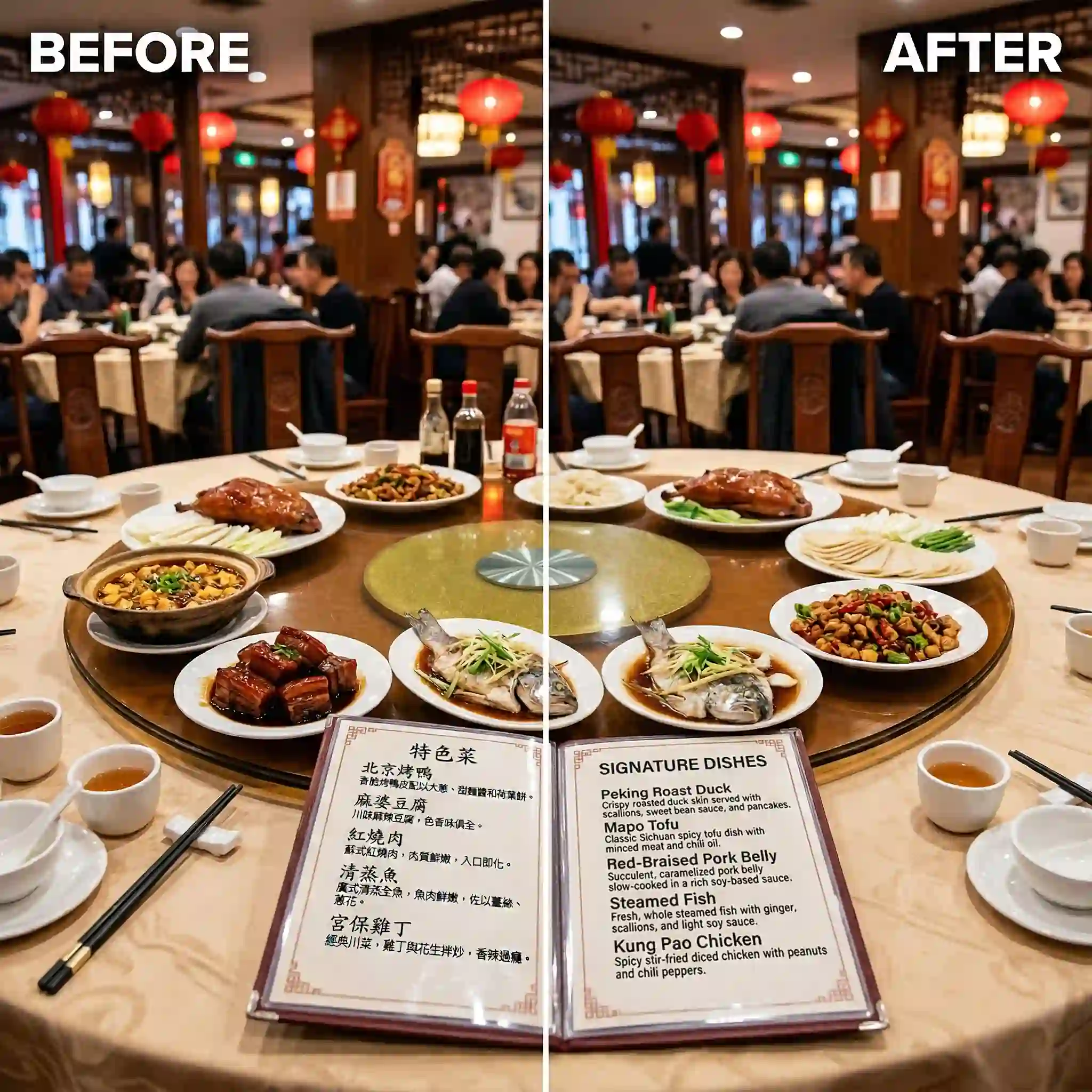 Tour guide dining scenario with a translated menu that helps group leaders explain dishes, dietary details, and local food culture during meals abroad.