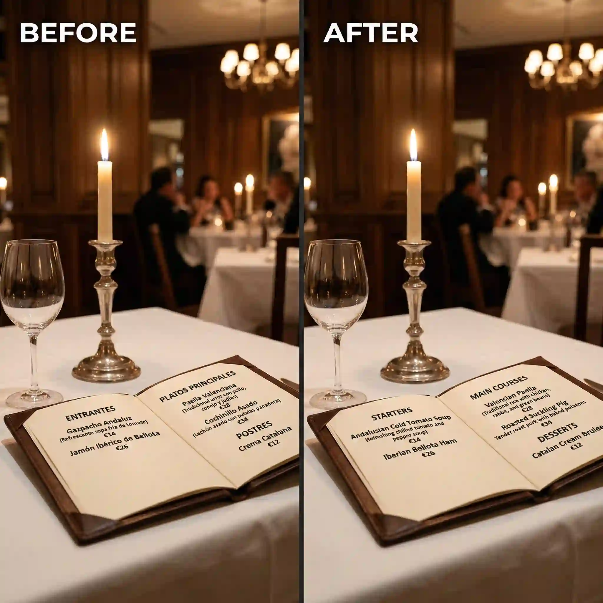 Business dinner scenario showing a translated restaurant menu that helps hosts choose dishes confidently and maintain polished etiquette with international clients.