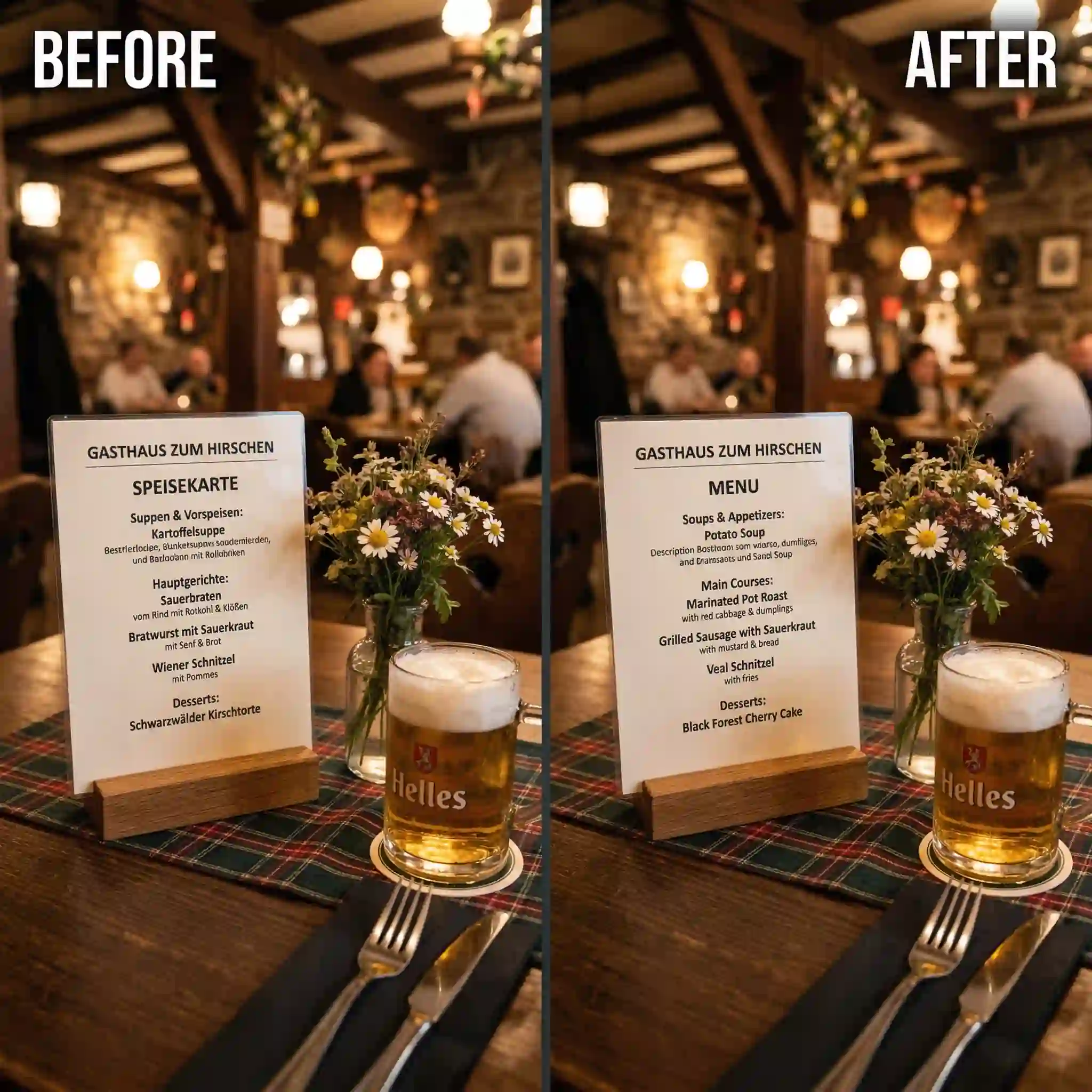 Neighborhood restaurant menu translated into a readable format so travelers can discover local specialties without confusion or awkward guesswork.