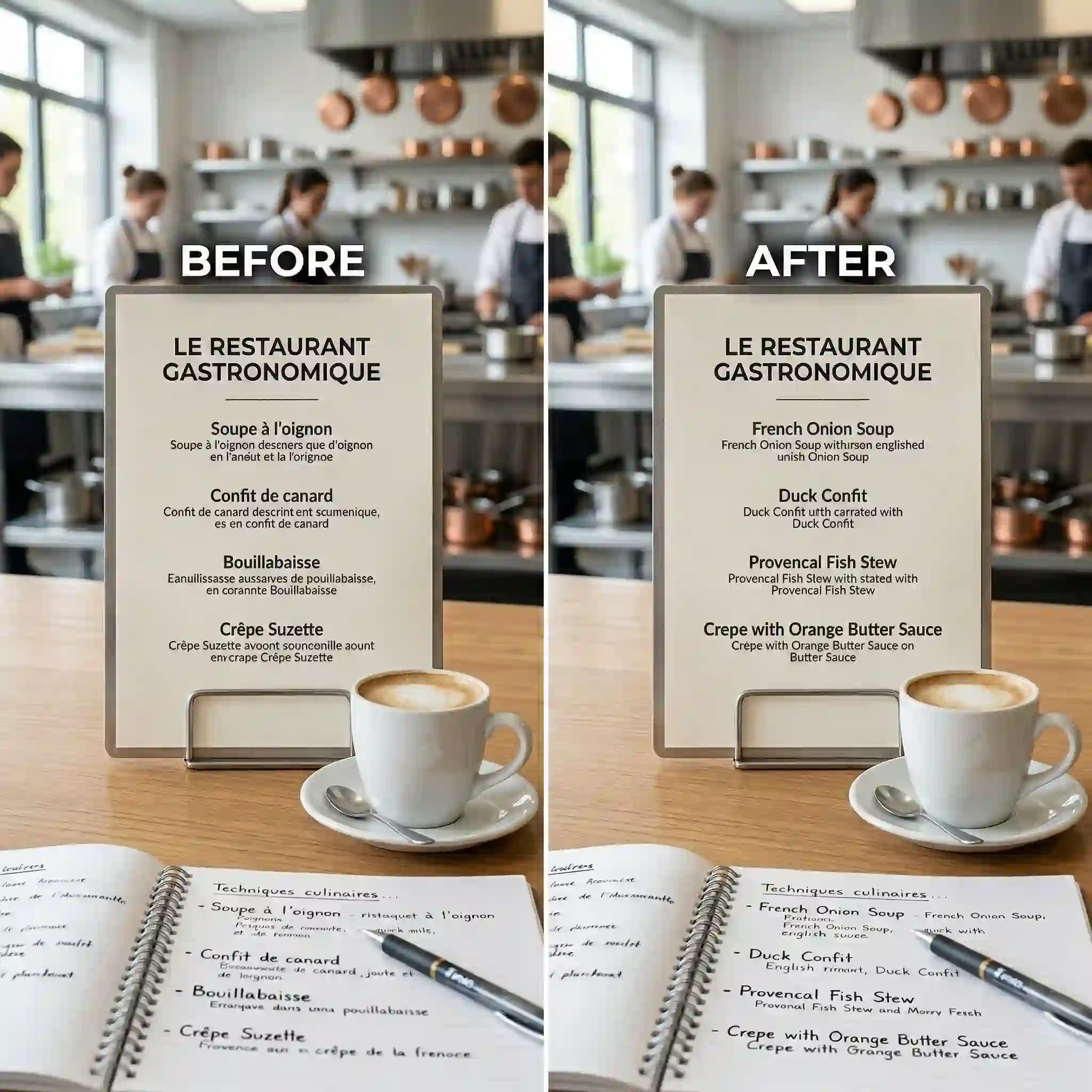 Student-friendly menu translation example highlighting ingredient definitions and regional culinary terminology for learning food vocabulary more accurately.