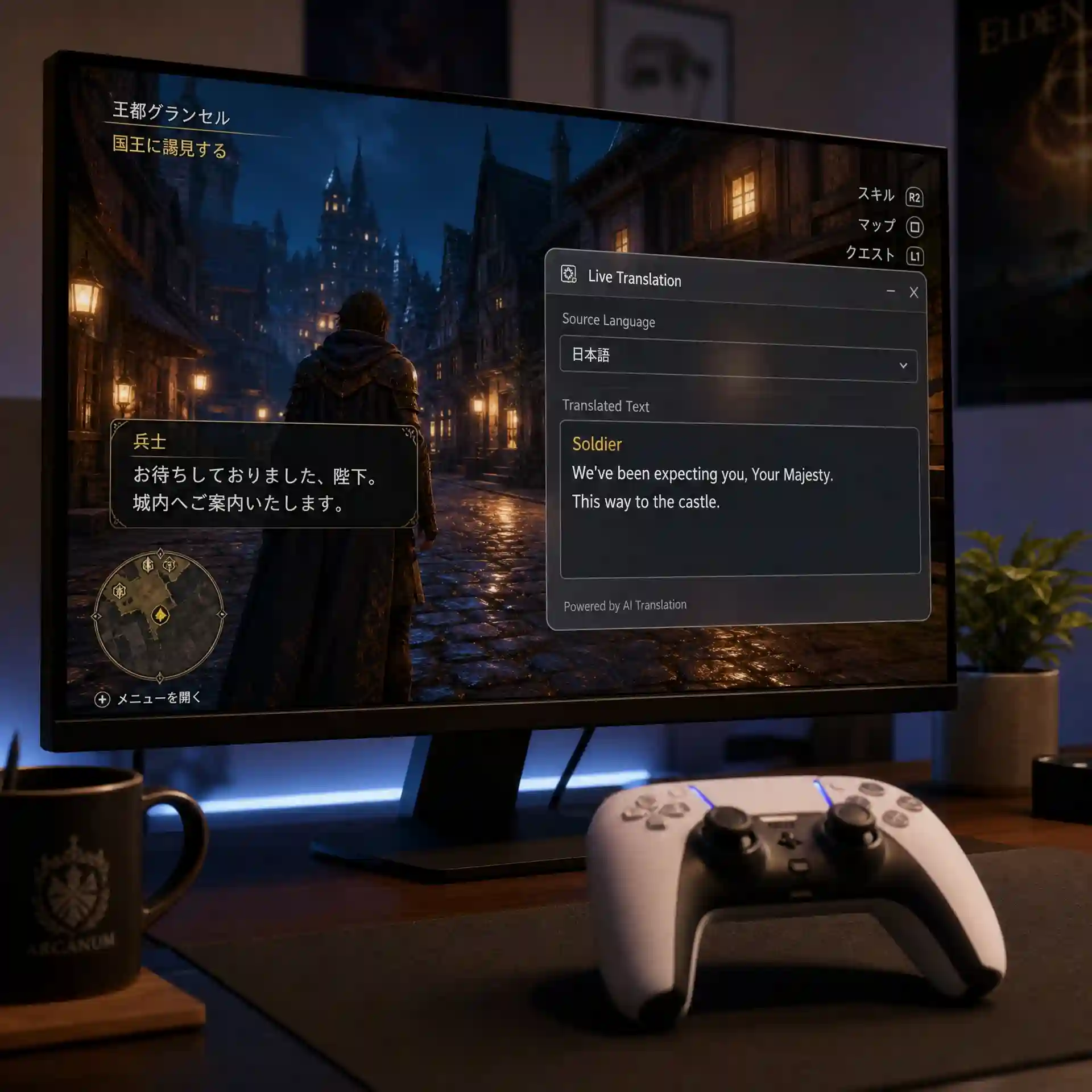 screen translator use case showing translated video game dialogue and mission text from a captured gameplay screen