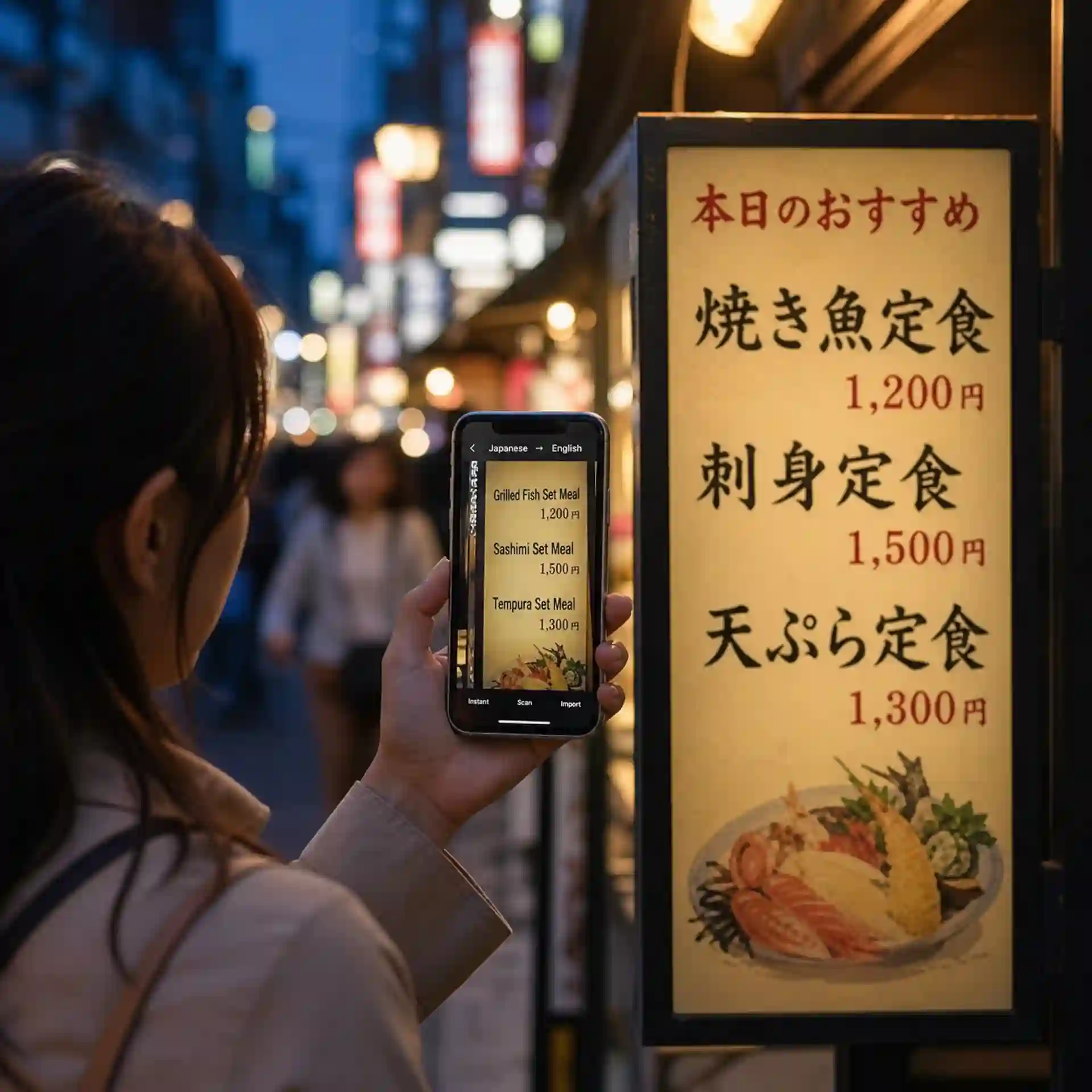 screen translator use case displaying translated street signs menus and travel directions from a tourist photograph
