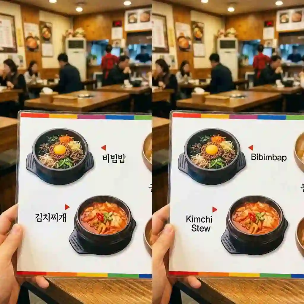Touristen können koreanische Bilder ins Englische übersetzen, um Speisekarten und Schilder zu verstehen, was ihre Reise in Korea viel reibungsloser und stressfreier macht.