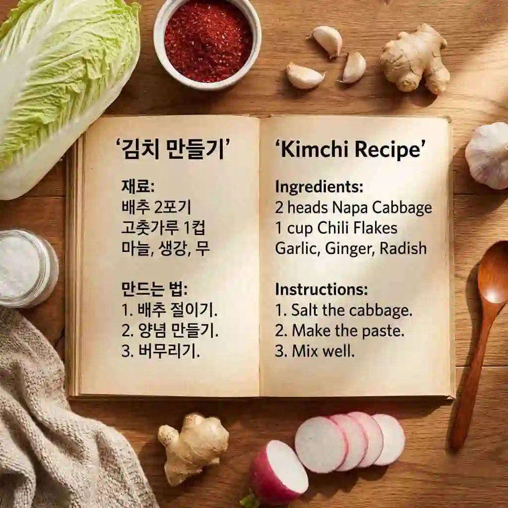 Hobbyköche können koreanische Bilder ins Englische übersetzen, um authentische Rezepte zu verstehen und köstliche Gerichte wie Kimchi mit klaren und genauen Anweisungen einfach nachzukochen.