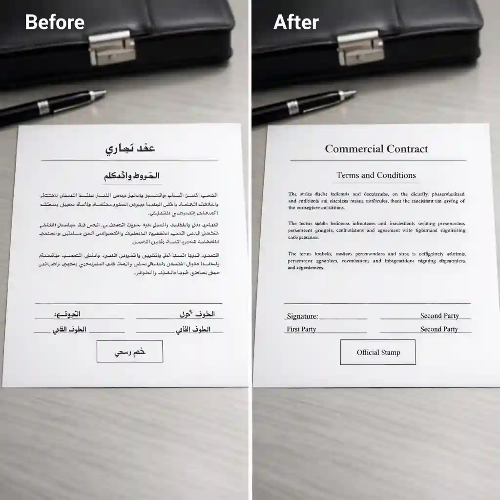Verträge und Geschäftsdokumente sicher übersetzen, indem Sie Fotos vom Arabischen ins Englische schnell und präzise verarbeiten.