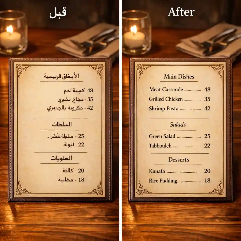Arabische Restaurantmenüs ins Englische übersetzen, um Zutaten klar zu erkennen und sicher zu essen.